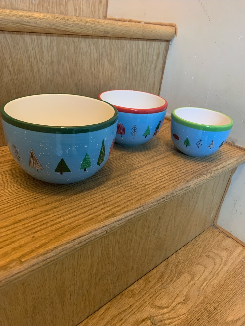 Boston Warehouse Blue Nesting Winter Bowl Set with Green, Red, and Lime Rims